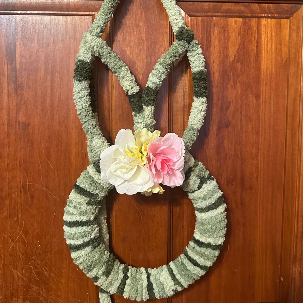 Handmade Green Easter Bunny Wreath with Pink & Yellow Flowers